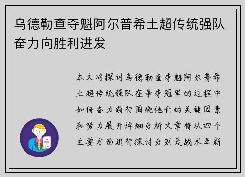 乌德勒查夺魁阿尔普希土超传统强队奋力向胜利进发