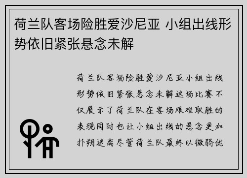 荷兰队客场险胜爱沙尼亚 小组出线形势依旧紧张悬念未解