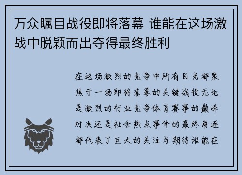 万众瞩目战役即将落幕 谁能在这场激战中脱颖而出夺得最终胜利