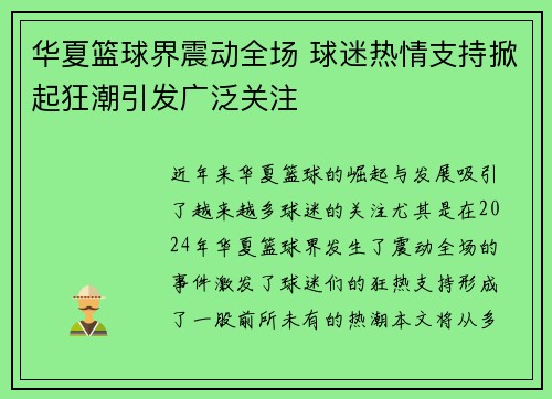 华夏篮球界震动全场 球迷热情支持掀起狂潮引发广泛关注