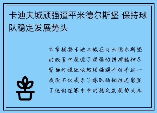 卡迪夫城顽强逼平米德尔斯堡 保持球队稳定发展势头