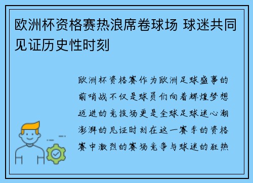 欧洲杯资格赛热浪席卷球场 球迷共同见证历史性时刻