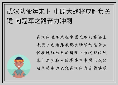 武汉队命运未卜 中原大战将成胜负关键 向冠军之路奋力冲刺