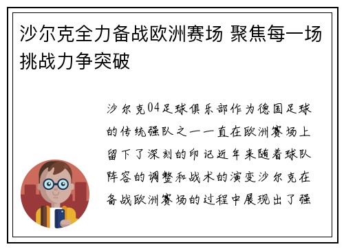 沙尔克全力备战欧洲赛场 聚焦每一场挑战力争突破