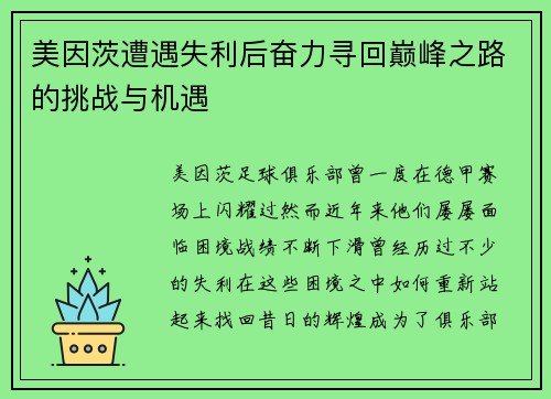 美因茨遭遇失利后奋力寻回巅峰之路的挑战与机遇